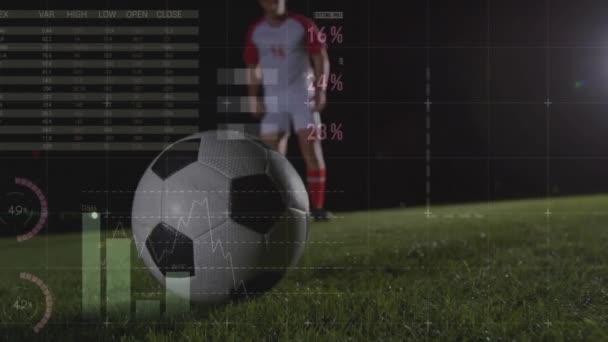 Animering Finansiella Data Bearbetning Över Kaukasiska Manliga Fotbollsspelare Ekonomi Sport — Stockvideo