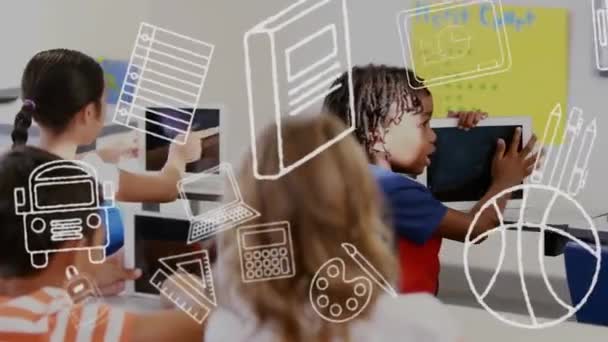 Animation Education School Icons Diverse School Children Classroom Global Education — Stock Video