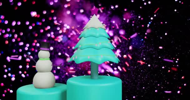 Animación Rociadores Colores Salpicando Árbol Navidad Giratorio Muñeco Nieve Ilustración — Vídeos de Stock