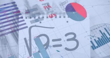 Matematiksel formüller üzerinden finansal veri işleme animasyonu. Küresel öğrenme, iş, bağlantılar, hesaplama ve veri işleme kavramı dijital olarak oluşturulmuş video.