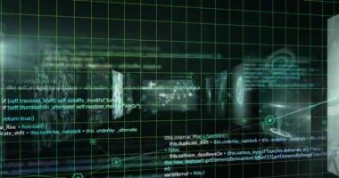 Siyah arkaplan üzerinde birden fazla tıbbi arayüz üzerinden bilgisayar programlama dilinin animasyonu. Dijital olarak üretilmiş, hologram, illüstrasyon, kodlama, sağlık, molekül ve teknoloji konsepti.