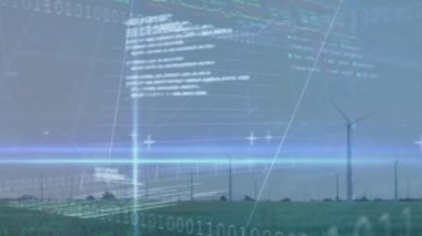 Grafiklerin animasyonu, alım satım tahtaları, ikili kodlar, çayırdaki yel değirmenlerinin üzerindeki bilgisayar dili. Dijital bileşik, kodlama, rapor, iş, büyüme, borsa ve sürdürülebilir enerji kavramı.