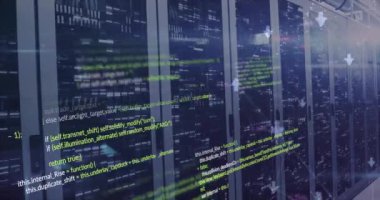 Sunucu odasındaki veri sunucu sistemleri üzerinden bilgisayar dili ve bağlı okun canlandırması. 