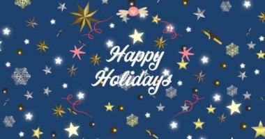 Mutlu tatil metinlerinde kar taneleriyle soyut desenlerin canlandırılması, mavi arkaplandaki yıldızlar. Dijital olarak üretilmiş, hologram, illüstrasyon, dekorasyon, Noel ve kutlama konsepti.
