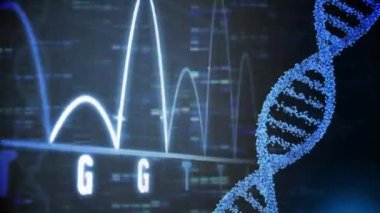 DNA iplikçiklerinin animasyonu, karanlık arka planda veri işleme. Dijital olarak oluşturulmuş küresel bağlantılar, hesaplama ve veri işleme kavramı.