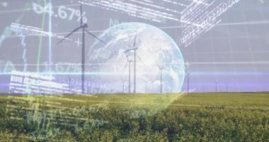 Dünya üzerinde rüzgar türbinleri olan diyagramların ve veri işlemenin animasyonu. Küresel iş, doğa ve dijital arayüz kavramı, dijital olarak oluşturulmuş video.