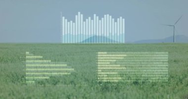 Kırsal alanda rüzgar türbinleri üzerinde finansal veri işleme animasyonu. Küresel çevre, iş ve veri işleme kavramı dijital olarak oluşturulmuş video.