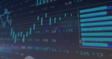 Borsa animasyonu ve kara zemin üzerinde veri işleme. Küresel iş ve dijital arayüz kavramı, dijital olarak oluşturulmuş video.