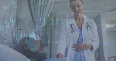 Hastanedeki hastalarla çeşitli muayeneler ve konuşmalar üzerine grafiklerin ve ticaret kurulunun animasyonu. Dijital bileşik, çoklu pozlama, rapor, iş dünyası, borsa, tıbbi ve sağlık konsepti.