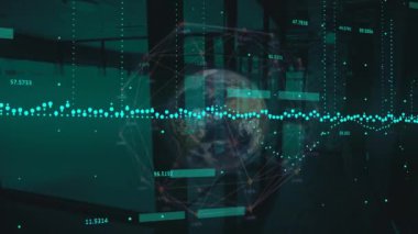 Dünya 'nın animasyonu ve şehir manzarası üzerinde bağlantılar. Dijital olarak oluşturulmuş küresel bağlantılar, hesaplama ve veri işleme kavramı.