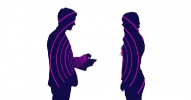 Beyaz arka planda kadına para veren adamın siluetinin üzerindeki dairesel tünelin animasyonu. Dijital olarak üretilmiş, hologram, illüstrasyon, aydınlatılmış, gelecekçi ve teknoloji kavramı.