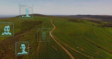 Farklı alanlardaki farklı insanların fotoğraflarının animasyonu. Doğa, bağlantı, istatistik, hesaplama ve veri işleme kavramı dijital olarak oluşturulmuş video.