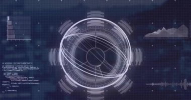 Ark reaktöründeki dairelerin, grafiklerin ve bilgisayar dilinin soyut arkaplan üzerindeki animasyonu. Dijital olarak üretilen hologram, illüstrasyon, rapor, iş dünyası, kodlama, programlama dili ve teknoloji.