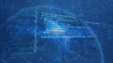 Mavi arka planda dünya üzerinde veri işleme animasyonu. Dijital olarak oluşturulmuş küresel bağlantılar, hesaplama ve veri işleme kavramı.