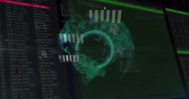 Grafikler ve grafikler üzerinde veri işleme animasyonları siyah arkaplan üzerinde küresel ağ üzerinde. Veri, küresel ağ, dijital arayüz, iş ve iletişim, dijital olarak oluşturulmuş video.