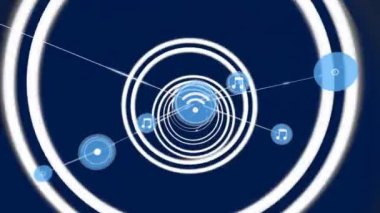 Çemberlerin üzerindeki simgelerle bağlantı ağının animasyonu. Küresel iş, bağlantılar, hesaplama ve veri işleme kavramı dijital olarak oluşturulmuş video.