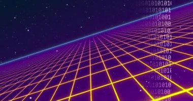 İkili kodlama ve ızgara ağının mavi arkaplana karşı kusursuz desenli animasyonu. Bilgisayar arayüzü ve iş teknolojisi kavramı