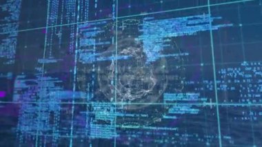 Mavi zemin üzerinde veri işleme ve küre animasyonu. Küresel iş, teknoloji ve dijital arayüz kavramı, dijital olarak oluşturulmuş video.