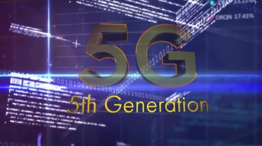 Koyu arkaplan üzerinde 5G metin ve veri işleme animasyonu. Küresel ağ, finans, iş, bağlantılar, hesaplama ve veri işleme kavramı dijital olarak oluşturulmuş video.
