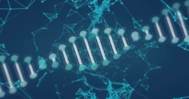 Mavi arkaplandaki bağlantı ağları üzerinden dönen moleküler yapının animasyonu. Ağlar, bağlantılar ve küresel bilim konsepti dijital olarak oluşturulmuş video.