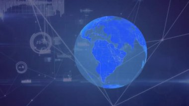 Küre animasyonu, bağlantılı noktalar, soyut arkaplan üzerinde grafik simgeleri. Dijital olarak üretilen, hologram, illüstrasyon, iletişim, rapor, iş ve küreselleşme kavramı.