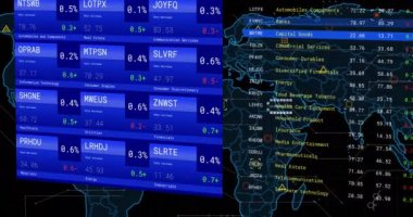 Dünya haritasında finansal veri işleme animasyonu. Küresel finans, iş, bağlantılar, hesaplama ve veri işleme kavramı dijital olarak oluşturulmuş video.