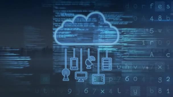 Анімація Комп Ютерної Мови Хмари Іконками Над Сучасними Будівлями Цифровий — стокове відео