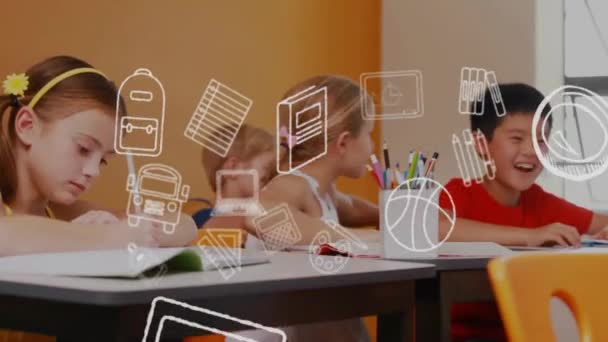Animacja Ikon Szkół Edukacyjnych Nad Różnymi Uczniami Klasie Edukacja Globalna — Wideo stockowe