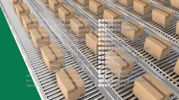 Animace Binárních Kódů Čtverců Lepenkových Krabic Pohybujících Pásových Dopravnících Přes — Stock video