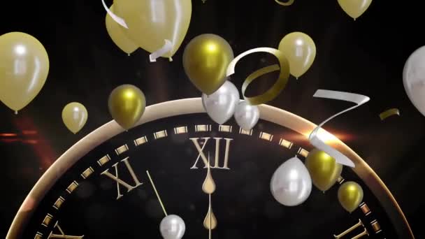 Animation Klockan Visar Midnatt Och Ballonger Svart Bakgrund Nytt Nyårsafton — Stockvideo