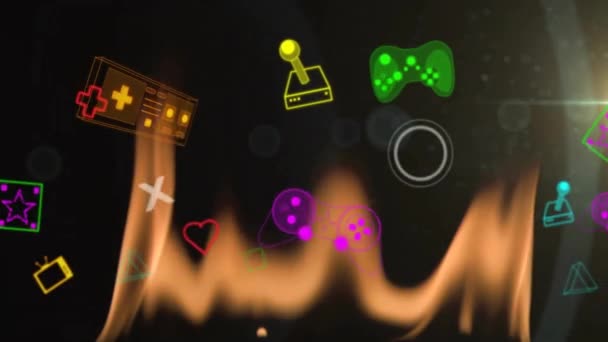 Animation Formes Symboles Icônes Consoles Jeux Sur Flamme Sur Fond — Video