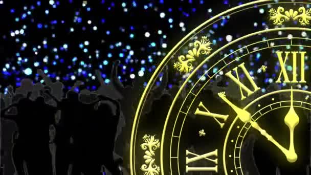 Анимация Часов Показывающих Полночь Люди Танцуют Фейерверки Взрываются Черном Фоне — стоковое видео