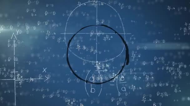 在蓝色背景下漂浮在数学方程之上的饼图图标动画 教育和商业数据技术概念 — 图库视频影像