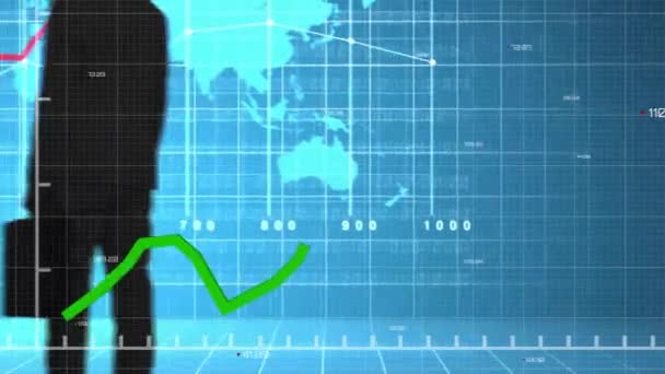 Animación Del Mapa Mundial Procesamiento Datos Financieros Sobre Hombre Negocios — Vídeo de stock