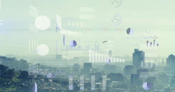 Animation Graphs Loading Circles Trading Board Modern Cityscape Sky Digital — Stock Video
