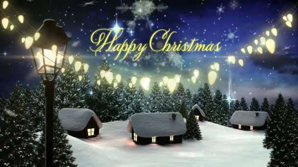 Animation Von Lampen Lichtern Frohe Weihnachten Text Schneeflocken Schneebedecktes Haus — Stockvideo