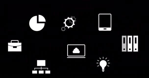 Анімація Плаваючих Цифрових Піктограм Чорному Тлі Концепція Обчислювальної Техніки Піктограми — стокове відео