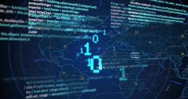 Animace Binárních Kódů Počítačového Jazyka Geometrických Tvarů Mapě Nad Modrým — Stock video