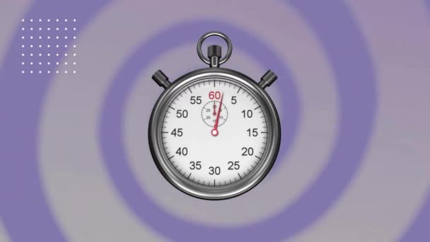 三角形的动画 在紫色背景上的圆形图案上的秒表 数字合成 多次曝光 定时器 进度和竞争概念 — 图库视频影像