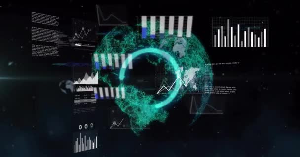 Animação Processamento Dados Gráficos Gráficos Sobre Rede Global Fundo Preto — Vídeo de Stock