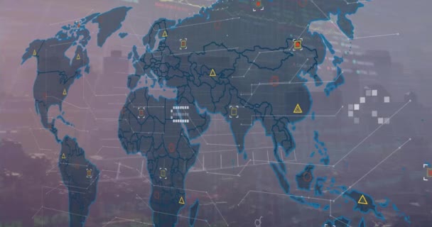 Animazione Dell Elaborazione Dei Dati Mappa Del Mondo Sul Paesaggio — Video Stock