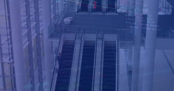 Animation Der Verarbeitung Von Finanzdaten Über Rolltreppen Modernen Büro Globales — Stockvideo