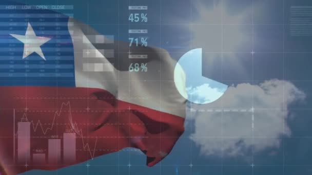 Animacja Statystyk Przetwarzanie Danych Finansowych Nad Flagą Chile Koncepcja Globalnego — Wideo stockowe