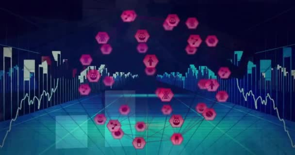 Animación Red Conexiones Con Símbolos Hexagonales Púrpura Sobre Gráficos Sobre — Vídeo de stock