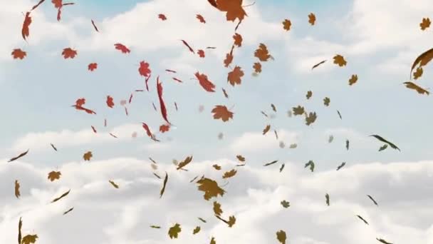 多片叶子和浓密的云彩在蓝色背景下的动画 数码生成的全息图 天空景观和秋季概念 — 图库视频影像