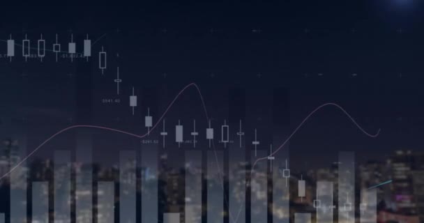 Animation Von Diagrammen Und Datenverarbeitung Über Dem Stadtbild Globales Geschäfts — Stockvideo