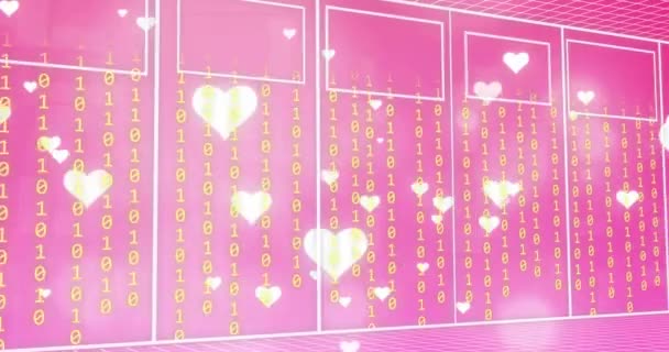 Animación Textos Imágenes Rectángulo Con Formas Corazón Cayendo Códigos Binarios — Vídeos de Stock