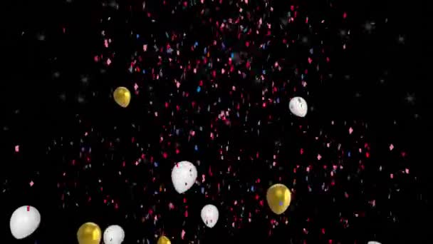 Animation Ballons Confetti Falling Black Background Party Celebration Concept Digitally — Stock Video