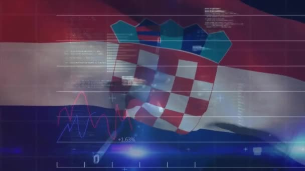 Animacja Wykresów Kodów Binarnych Języka Komputerowego Nad Chorwacką Flagą Tle — Wideo stockowe