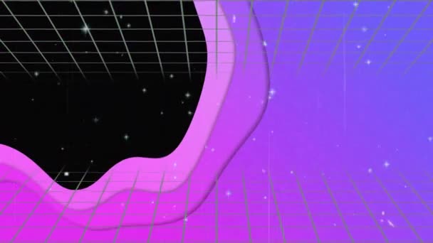 グリッドパターンと星のアニメーションとブラックバックグラウンドの抽象パターン デジタル生成 ホログラム イラスト 3次元 天文学 宇宙概念 — ストック動画